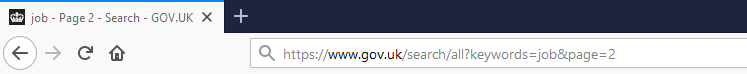 Searching for "job" on gov.uk. Page 2 of the search results show the title "job - Page 2 - GOV.UK"