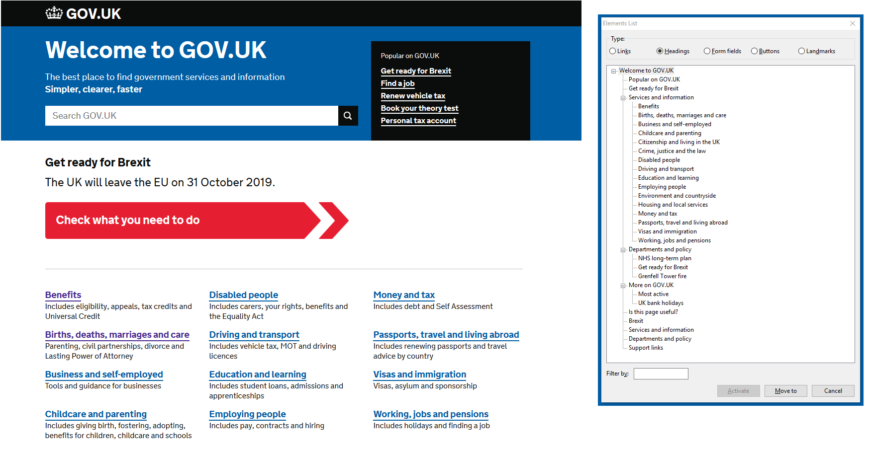 The gov.uk homepage and its headings shown in NVDA screenreader in the "Element List"