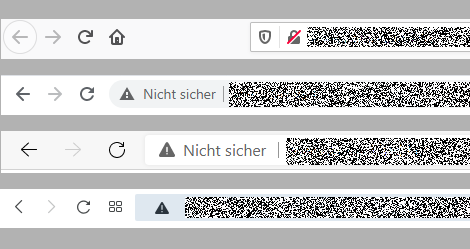 Address bars in modern browsers showing insecure connections, some with warning icons alone, some with visual text.