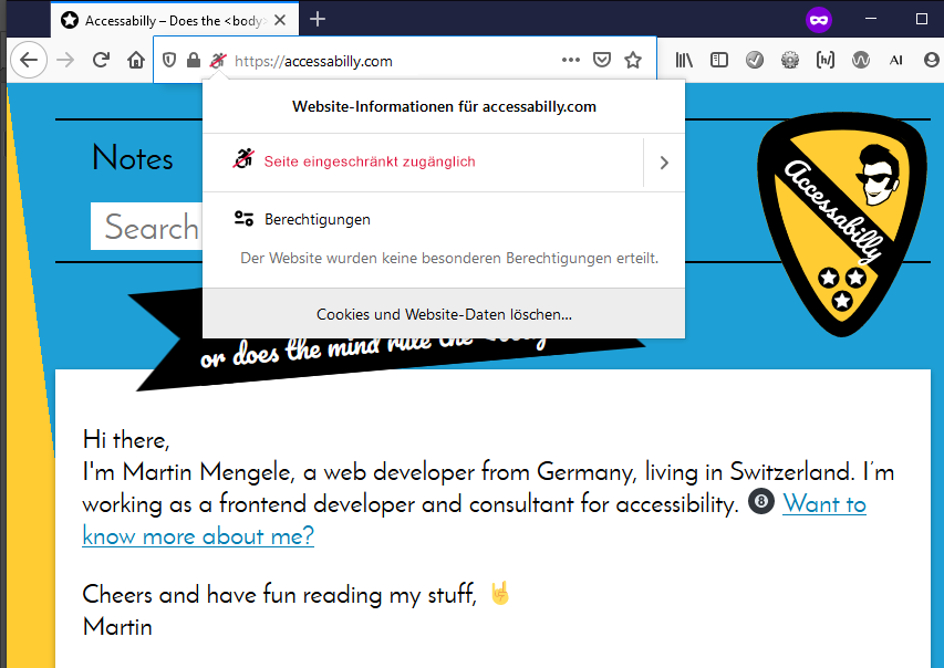 Address bar in Firefox showing this site and a new indicator for accessibility (wheelchair icon, red strike through). The information is expanded and shows the text in red letters (in German): "This page is not fully accessible".